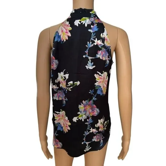 Go Silk Go Draped Over Halter tank blouse washable silk floral blouse size XS
